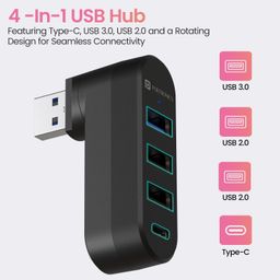 Portronics MPort Spin 4-in-1 USB Hub with Type-C, USB 3.0 SuperSpeed, Rotating USB Plug, 2-Port USB 2.0 High-Speed, for Laptop, PC (Black) image 2