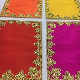 HEMDEV (6 x 8 Inch Embroidered Multicolor Silk Cloth for Pooja and God Idol/Puja Aasan Kapda/Chawki Altar Red Puja Cloth for Mandir, Temple and Other Puja Rituals - Pack of 4 image 3