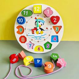 WISHKEY Wooden Learning Clock with Bead Lace, Educational Digital Analog Numbers, Shape & Color Learning Montessori Toy for Kids (Pack of 1, Multicolor) image 2
