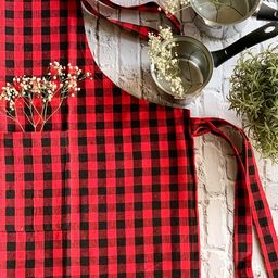 Pixel Home Cotton Checks with Front Center Pocket Design Apron (Red) image 2