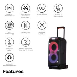JBL Partybox 320, Portable Bluetooth 240W Party Speaker, AI Sound Boost, Futuristic Light Show, Multispeaker Connection by Auracast, Telescopic Handle & Wheels, Dual Guitar & Mic Inputs (Black) image 2