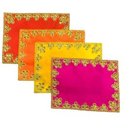 HEMDEV (6 x 8 Inch Embroidered Multicolor Silk Cloth for Pooja and God Idol/Puja Aasan Kapda/Chawki Altar Red Puja Cloth for Mandir, Temple and Other Puja Rituals - Pack of 4 image 1