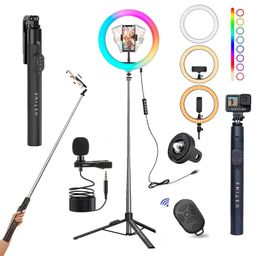 ustine USTINE® Youtuber Kit | 10" RGB Ring Light | Imported mic | Extra-Long Selfie Stick with Large Reinforced Tripod Stand Upto 67 inch/170 cm with, BT Remote, Fb Videos, Reels, Vlog (with 10" RGB Light) image 1