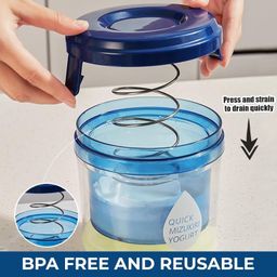 mooka Hung Curd Strainer Box 1500 ml | Greek Yogurt Maker | Spring-Loaded Yogurt Press for Home | Yogurt Strainer Container Box | Whey Seperator (Pack of 1, Blue) image 4