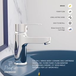 Pixaflo Fission Brass Chrome Finish Hot & Cold Single Lever Basin Mixer Tap Faucet with 450 mm Long Braided Hoses (Chrome) image 4