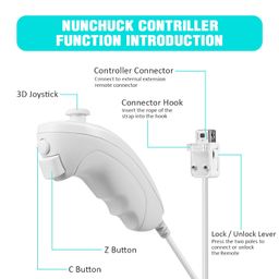 2 Pack Wii Nunchuck Controller, Classic Retro Joystick Gamepad Replacement Compatible with Wii Wii U, Left and Right Hand Game Controller- White / Red image 2