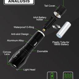 Crasts Metal Led Torch Flashlight Xml T6 Water Resistance 5 Modes Adjustable Focus Rechargeable Torch Handheld Light Zoomable Led Adjustable Focus Tactical Flashlight Pack of-1 (Black) image 3