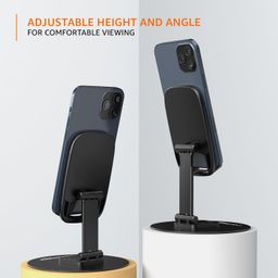 amazon basics Rotatable and Foldable Tabletop Mobile Stand with Stable Metalic Round Base, Multiple adjustments of Height and Angle Phone Stand, for Smartphones, Tablets, Kindles and for iPad image 4