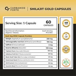 Carbamide Forte Shilajit Gold Capsules For Men With Swarna Bhasma,Gokshura,Ashwagandha | Himalayan Shilajit For Men | Shilajeet Gold Original | Shilajeet Capsule | 60 Veg Shilajit Capsules image 2