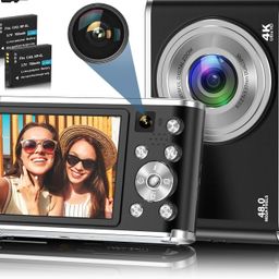 Dkian 4k Ultra hd 48MP Digital Camera with Front and Rear Dual Cameras Large Screen autofocus 16x Digital Zoom Rechargeable Camera (Black) image 1