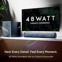 Mivi Fort Q48 Soundbar with subwoofer, 48 Watts, 2.1 Channel with 2 in-Build Full-Range Speakers and an External subwoofer, Multiple Input Modes, Made in India soundbar for TV image 3