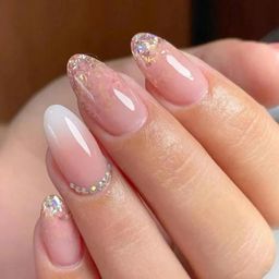 nakhi 24 Reusable Artificial Fake Nail Set | Peach Base Colour white colour nad Zari Design and Diamond Glossy Nails | Lightweight & Long Lasting| Quick Fix For Festivals & Special Occasions image 1