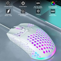 solakaka Wired Gaming Mouse with Honeycomb Shell,Adjustable 12800 DPI,7 Programmable Buttons,Lightweight Gaming Mice Ergonomic Computer Mouse Gaming for Windows/PC/Mac/Laptop Gamer,White image 2