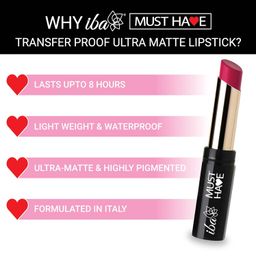 Iba Must Have Transfer Proof Ultra Matte Lipstick for Women - 07 Pick Me Up, 3.2g | Enriched with Vitamin E and Cocoa Butter | Lasts upto 8hrs Long Lasting & Matte Finish | Smudge-Proof & Waterproof | Lightweight & Highly Pigmented | Hydrated Lips | Lip Makeup image 5