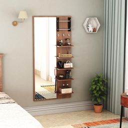 designfit Engineered Wood Wall Mount Dressing Rectangular Framed Table Mirror With Shelves, Bangle Holder & Hooks (Walnut) image 1
