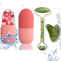 SANWALSA (Set of 3) Jade Roller & Gua Sha Stone with Ice Roller for Face Reusable Facial Tool kit for Fine Lines, Glowing Skin, Reducing Stress & Eye Puffiness image 1