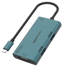 Amazon Basics Pro Series 4-in-1 Type-C Multi-Function USB HUB, 2 X HDMI (Resolution up to 4K@60hz), 1 X VGA and 1 X Audio Aux 3.5mm, Can Connect to 3 Screens, for PC, MacBook, laptops (Turquoise) image 1