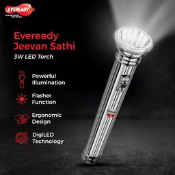Eveready Jeevansathi DL65 | 3W Torch with Retro & Classic Touch | Powered by 4xD Battery | Super Bright White LED | 20000 Lux Output | 3.5 km Radius | Flasher Function | Durable Brass Body | Silver image 5