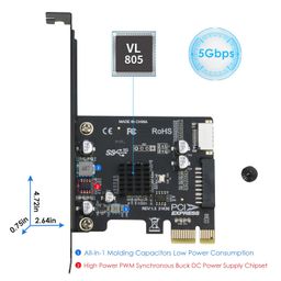PCIe to 20Pin + Type-E Internal Card, RIITOP PCI-e x1 to (19+1) Pin USB 3.0 Socket and USB C Type-e (A Key) Front Panel Header Expainsion Adapter 5Gbps image 5
