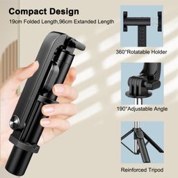 celfiexpt Portable Selfie Stick Tripod Reinforced 38" Bluetooth Mobile Tripod for Mobile Phone Compact Selfie Stick Stand for Vlogging YouTube Travel,Black image 4