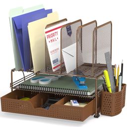 Simple Houseware Mesh Desk Organizer with Sliding Drawer, Double Tray and 5 Upright Sections, Brown image 1