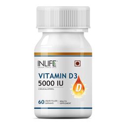 INLIFE Vitamin D3 Cholecalciferol Supplement with Coconut Oil for Better Absorption, For Men & Women, Immunity, Bone Health, Muscles - 60 Capsules image 1