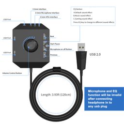 Tendak USB Hub with Audio Adapter, Tendak External Sound Card with 3.5mm Headphone Microphone Jack and Volume Control 3 Port USB Hub for Laptop PC HDD Disk image 2
