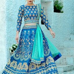 divine international trading co Women's Silk Net Semi-Stitched Lehenga Choli With Dupatta (Khushbu-Rasam1K-1023_Turquoise_Free Size) image 3