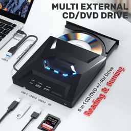 ryzcare Multi-functional, External CD/DVD Drive with USB Hub, Thin and Portable for Both USB/USB-C Ports, Driver Installation, Built-in Cable, Supports CD/DVD Reading, Writing, Recording, Thin, Silent image 2