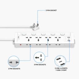 EMBOX Extension Board with USB (2.4 A) 3 USB Ports Master Switch Spike Guard, 6 amp Universal Sockets LED Indicator Safety Shutter (4 Socket + 4 (2Pins) + 3USB, 2 Meter Cable with Overload Protector) image 4