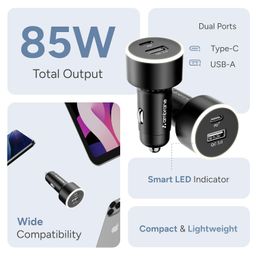 Ambrane 85W Car Charger, Mobile & Laptop Charging (MacBook & Type C Laptops), Glowing Light, Dual Port Fast Charging, 65W Type C PD, 20W USB for iPhone, Android, iPad & Other Devices (Black, C85R) image 2
