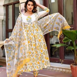 klosia Women Block Printed Anarkali Kurta and Pant Set With Dupatta image 5