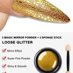 RUBYFACE Colors Chrome Nail Powder Set, Reflective Glitter Metallic Mirror Effect for Nails Art Design 3D Holographic Silver Rose Gold Pigment (2- PCS, Gold - Silver) image 5