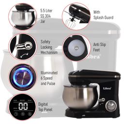 Libra Digital Stand Mixer with Inbuilt Presets | Multifunctional 1300 Watts Dough Kneader | 5.5 Lit SS Bowl | 4 Safety Features | Metal Gears & Planetary Rotation, Black image 4
