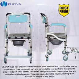 Veayva Toilet Commode shower Wheelchair foldable, Height adjustable Multifunctional Rolling bath Commode Chair & Removable Toilet, Complete alluminium frame image 5