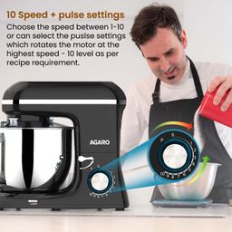 AGARO Imperial Stand Mixer,1400W with 6L SS Bowl, 1.5L Blending Jar,10 Speed With Pulse Function, 100% Copper Motor, Includes Blending Jar, Whisker, Beater, Dough Hook, Egg White Separator, Black image 4