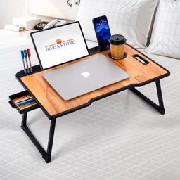 DIVIJA STORE Smart Multipurpose Foldable Laptop Table with Cup Holder, Study Table, Bed Table, Breakfast Table, Foldable and Portable/Ergonomic & Rounded Edges/Non-Slip Legs (Wood) image 1