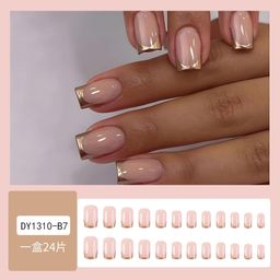 Fashionharbour 24 Reusable Artificial Fake Nail Set|Base Peach Colour with golden Square Tip Design Glossy Nail |Lightweight & Long Lasting| Easy To Use| Quick Fix For Festivals & Special Occasions image 2