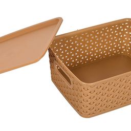 amazon brand - solimo Solimo H1 Solitaire Storage Basket With Lid, Set Of 3, Multicolor(Plastic, Rectangular) image 5
