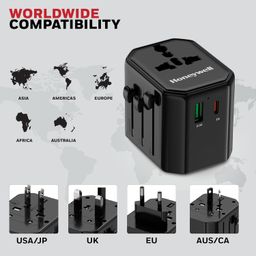 Honeywell New Launch Universal Travel Adapter 12W, 3-in-1 Fast Charging, Universal Socket, TypeC, USBA, Worldwide Wall Charger for EU,US,UK & CN/AUS, Devices, 3Yr Manufacturer Warranty image 3