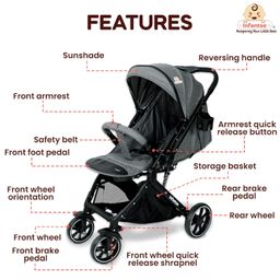 Infantso GlideX Premium Baby Stroller / Pram, Reversible Handle, One-Hand Fold and 360° Rotating Wheels,, Travel Friendly, 5 Points Safety Harness, Extendable Canopy, Multilevel Recline, Adjustable Footrest, Easy Fold, Shock Absorption Wheels, for babies 0 to 3 years ( Grey ) image 3