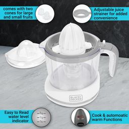 Black+Decker Citrus Juicer Electric | 2 Years Warranty, 30-Watt, 1L | Juicer for Home, Juicer Machine with 2 Different Size Cones & 2 Way Spin, Juicer for Fruits (White) image 4