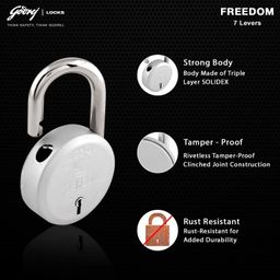 godrej locking solutions and systems Godrej Locks I Padlock 7 levers 75 mm I 3 Keys I Padlock for Main Door I Gate Lock I Lock for Tool Box, Shutters, Shops & Offices I Strong Hardened Corrosion Resistant Shackle I 1 Year Warrenty image 2