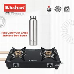 Khaitan Combo - 1 unit Khaitan 2 Burner Nano Premium Black Toughened Glass Gas Stove + 1 unit HF 1000 ml Stainless Steel Bottle image 3