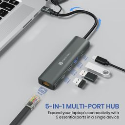 Portronics Mport Edge,5 Ports Dual USB Hub, Superfast USB 3.0, High Speed 2.0, Type-C 5V2A Port, 100 Mbps RJ45 Ethernet, Versatile & High-Speed Connectivity Hub for Laptops & Desktops (Grey) image 2