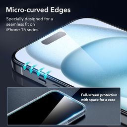 ESR 3+1 Pack for iPhone 15 Screen Protector Set, 3 Tempered Glass Screen Guards and 1 Set Individual Lens Protectors, 2.5D Curved Edges, Full-Coverage Military-Grade Protection, Scratch Resistant image 3