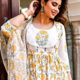 klosia Women Block Printed Anarkali Kurta and Pant Set With Dupatta image 3