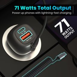 Portronics 71W Car Power 1C Triple Output Fast Car Charger with 33W Type-C Cable, 20W Type-C PD, 18W USB Port, Fast Charging Adapter Compatible with Cars for iPhone & Android Smartphone (Black) image 2