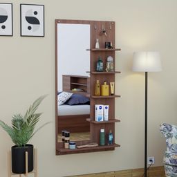 FURNIFLIX Engineered Wood Wall Mount Dressing Table Mirror with Shelves & Hooks - Walnut Finish image 1