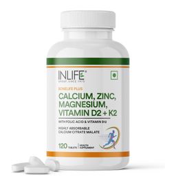 INLIFE Calcium Magnesium Zinc Vitamin D B12 | with K2 & Folic Acid Supplement for Women and Men - 120 Tablets (Pack of 1, 120) image 1